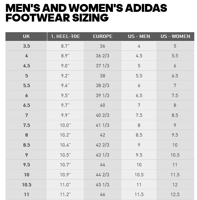 adidas heel to toe size chart